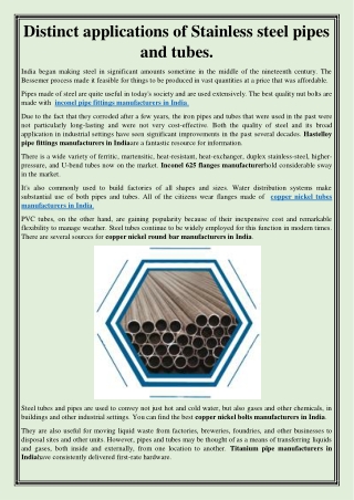 Distinct applications of Stainless steel pipes and tubes
