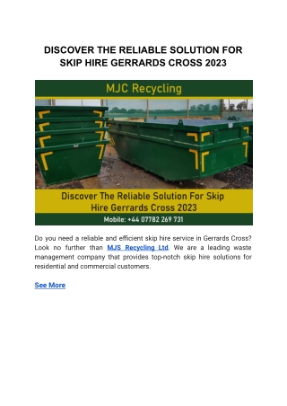 DISCOVER THE RELIABLE SOLUTION FOR SKIP HIRE GERRARDS CROSS 2023