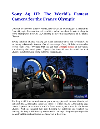 Sony A9 III The World's Fastest Camera for the France Olympic