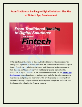 From Traditional Banking to Digital Solutions The Rise of Fintech App Development