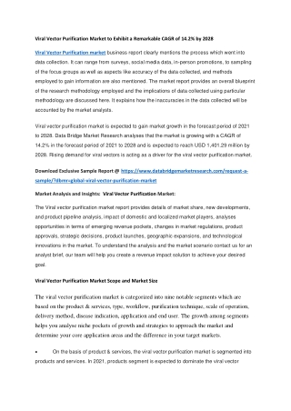Viral Vector Purification Market to Exhibit a Remarkable CAGR of 14.2 by 2028