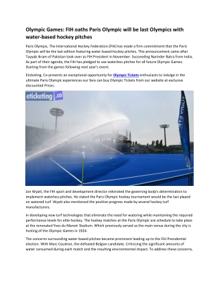 Olympic Games FIH oaths Paris Olympic will be last Olympics with water-based hockey pitches