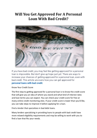Personal Loan With Bad Credit