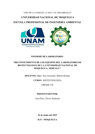 INFORME DE RECONOCIMIENTO DE EQUIPOS DE LABORATORIO DE BIOTECNOLOGIA