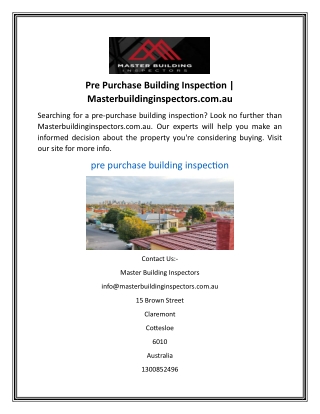 Pre Purchase Building Inspection  Masterbuildinginspectors.com.au