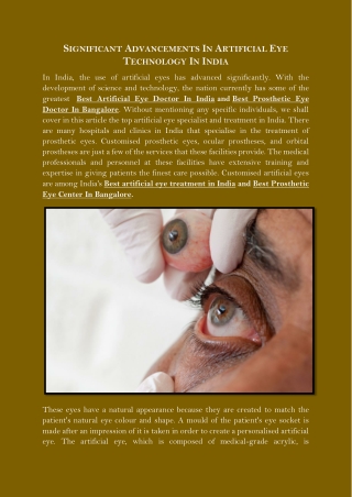 SIGNIFICANT ADVANCEMENTS IN ARTIFICIAL EYE TECHNOLOGY IN INDIA