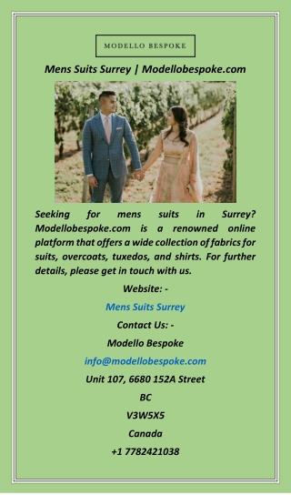 Mens Suits Surrey  Modellobespoke