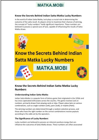 Know the Secrets Behind Indian Satta Matka Lucky Numbers