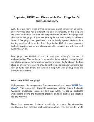 Exploring HPHT and Dissolvable Frac Plugs for Oil and Gas Industry