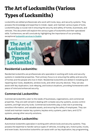 The Art of Locksmiths (Various Types of Locksmiths)