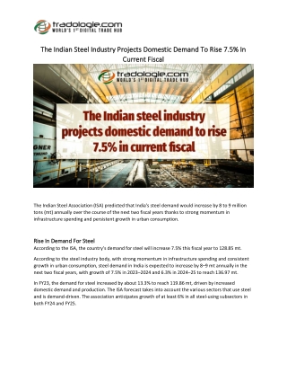The Indian Steel Industry Projects Domestic Demand To Rise 7.5% In Current Fiscal