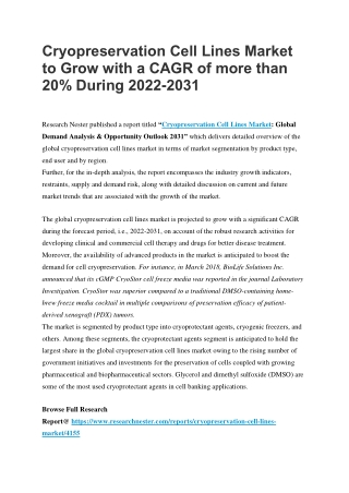 Cryopreservation Cell Lines Market to Grow with a CAGR of more than 20%