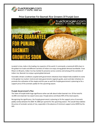 Price Guarantee For Basmati Rice Growers Of Punjab Soon