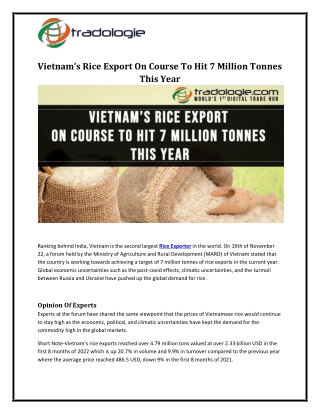 Vietnam’s Rice Export On Course To Hit 7 Million Tonnes This Year