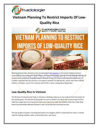 Vietnam Planning To Restrict Imports Of Low
