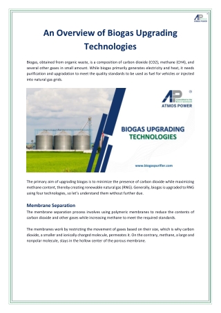An Overview of Biogas Upgrading Technologies
