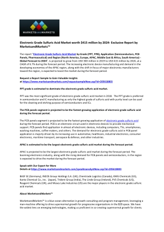 Electronic Grade Sulfuric Acid Market Racing Towards $415 million by 2024