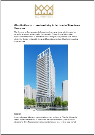 Olive Residences – Luxurious Living in the Heart of Downtown Vancouver