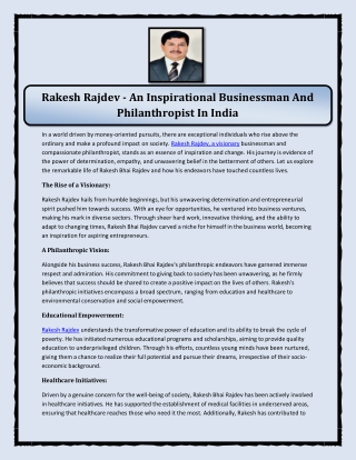 Rakesh Rajdev - An Inspirational Businessman And Philanthropist In India