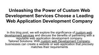 Unleashing the Power of Custom Web Development Services Choose a Leading Web Application Development Company