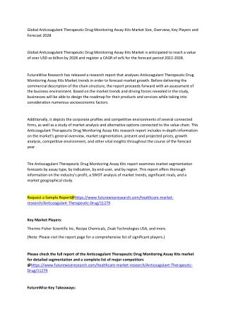 Global Anticoagulant Therapeutic Drug Monitoring Assay Kits Market Size, Overview, Key Players and Forecast 2028