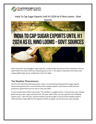India To Cap Sugar Exports Until H1 2024 As El Nino Looms - Govt Sources