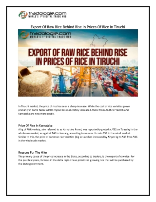 Export Of Raw Rice Behind Rise In Prices Of Rice In Tiruchi