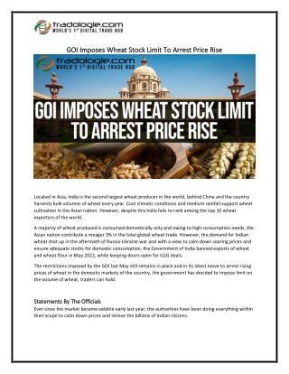 GOI Imposes Wheat Stock Limit To Arrest Price Rise