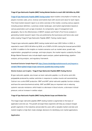 Triage B-Type Natriuretic Peptide (BNP) Testing Market Destine to reach USD 9.60 billion by 2030
