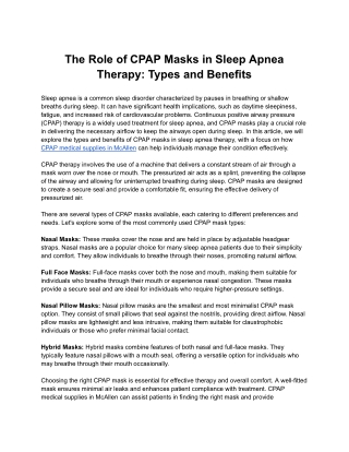 The Role of CPAP Masks in Sleep Apnea Therapy: Types and Benefits