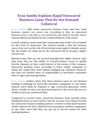 Evan Samlin Explains Rapid Unsecured Business Loans That Do Not Demand Collateral