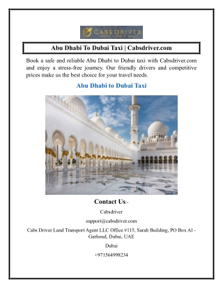 Abu Dhabi To Dubai Taxi  Cabsdriver.com