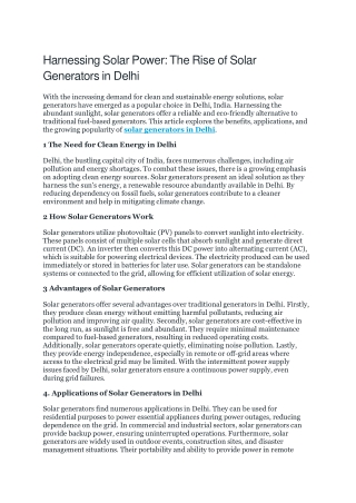 Harnessing Solar Power The Rise of Solar Generators in Delhi