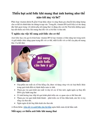 Thiếu hụt acid folic khi mang thai ảnh hưởng như thế nào tới mẹ và bé