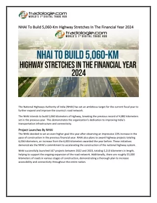 NHAI To Build 5,060-Km Highway Stretches In The Financial Year 2024