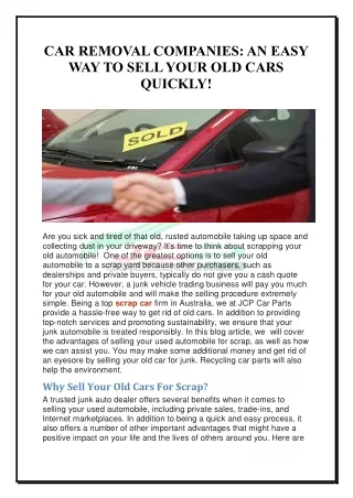 CAR REMOVAL COMPANIES AN EASY WAY TO SELL YOUR OLD CARS QUICKLY!