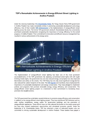 TDP's Remarkable Achievements in Energy-Efficient Street Lighting in Andhra Pradesh