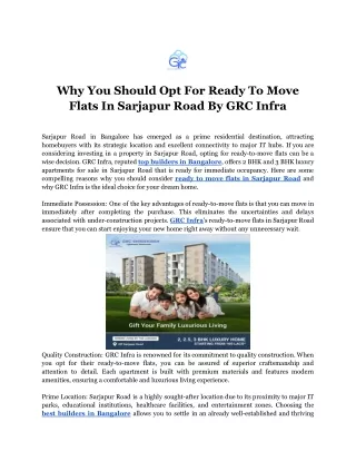Why You Should Opt For Ready To Move Flats In Sarjapur Road By GRC Infra