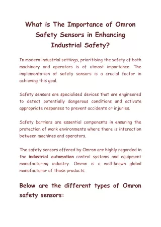 What is The Importance of Omron Safety Sensors in Enhancing Industrial Safety