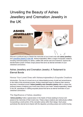 Unveiling the Beauty of Ashes Jewellery and Cremation Jewelry in the UK