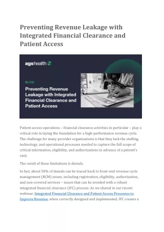 Preventing Revenue Leakage with Integrated Financial Clearance and Patient Access