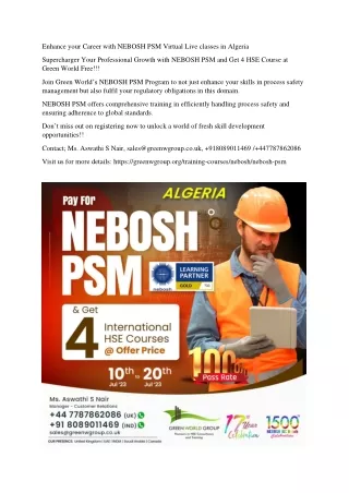 Enhance your Career with NEBOSH PSM Virtual Live classes in Algeria