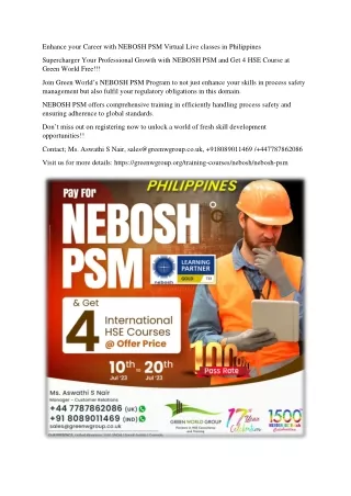 Enhance your Career with NEBOSH PSM Virtual Live classes in Philippines