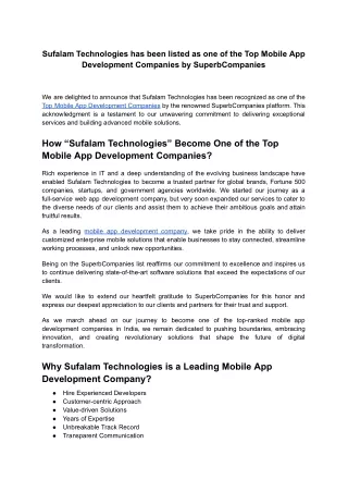 Sufalam has been listed Top Mobile App Development Companies by Superb Companies