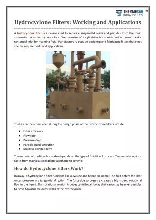 Hydrocyclone Filters Working and Applications