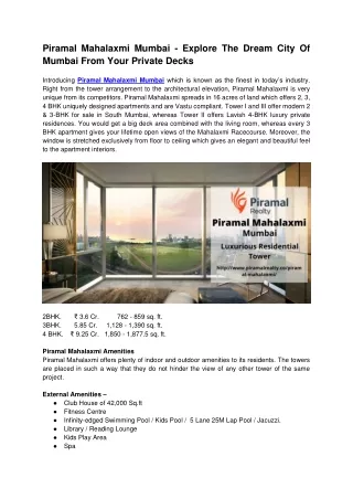 Piramal Mahalaxmi Mumbai - The Dream Home In Dream City