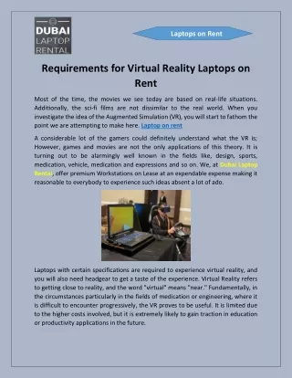 Requirements for Virtual Reality Laptops on Rent