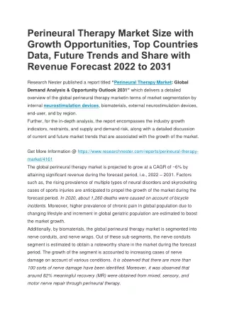 Perineural Therapy Market Size with Growth Opportunities, Top Countries Data