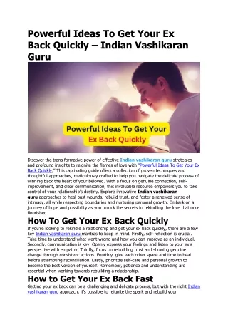 Powerful Ideas To Get Your Ex Back Quickly – Indian Vashikaran Guru