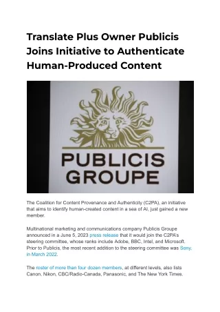 Translate Plus Owner Publicis Joins Initiative to Authenticate Human-Produced Content